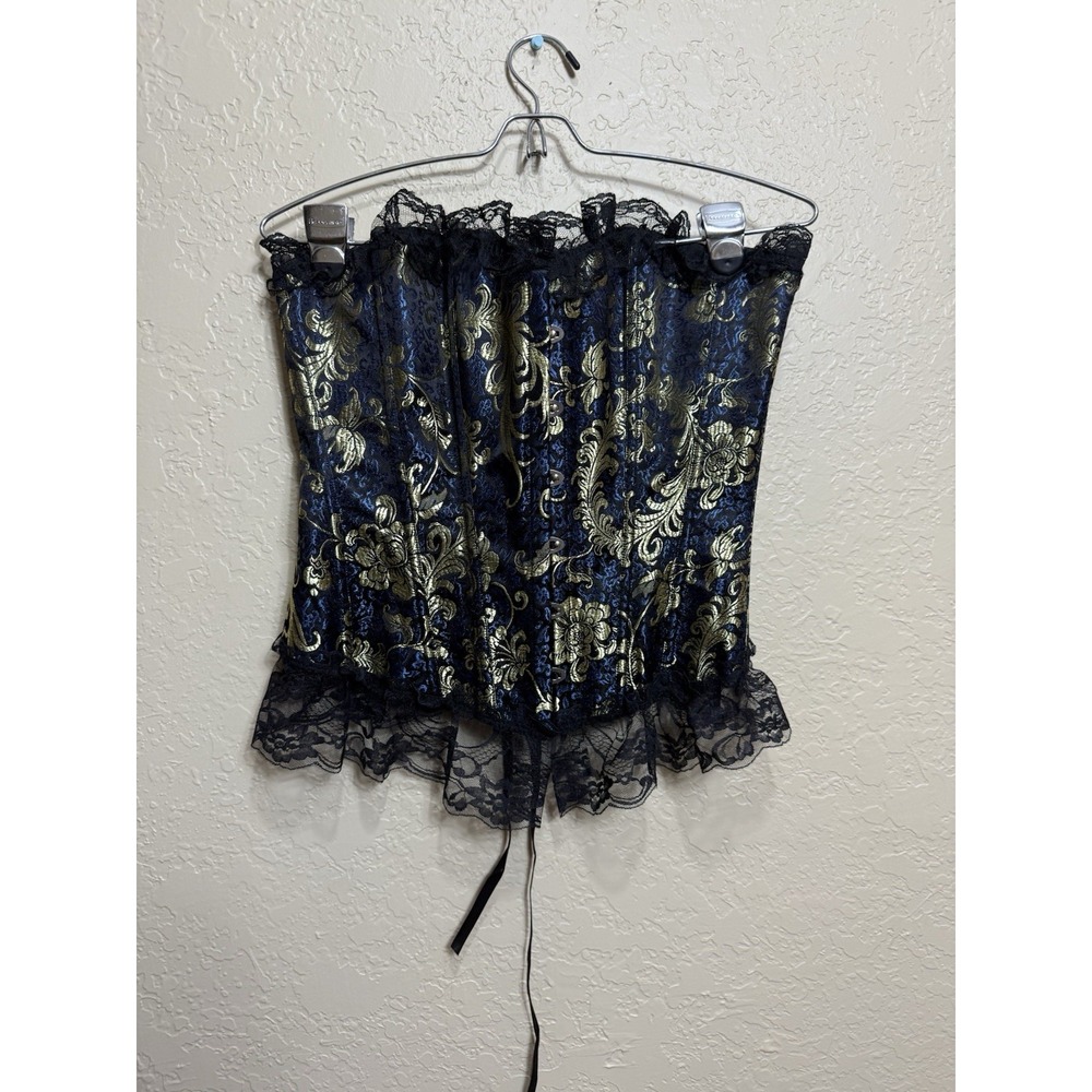 Blue Brocade Corset  Gold Floral Pattern Victorian Style Lace Up Lace Trim